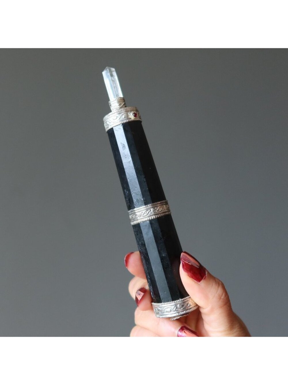 Black Tourmaline Aura Wand Clear Quartz Point Reiki Crystal Tool